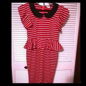 Red white striped retro peplum dress black collar